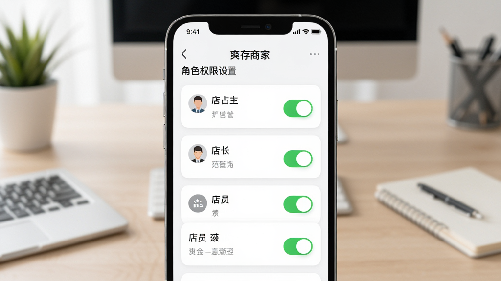 生图:一部手机屏幕显示“爽存商家”角色权限设置页面,画面中有店主、店长、店员三个角色卡片,每个卡片带有不同的权限开关图标,背景是简洁的办公桌面,布局为手机正面特写,风格为现代应用界面,细节包括开关按钮的绿色高亮状态,画质清晰,干净,无多余元素