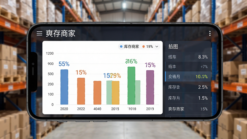生图:安卓手机横屏展示“爽存商家”库存统计图表,画面中有柱状图和数字列表,背景是仓库货架虚化处理,布局为手机居中、图表清晰可见,风格为数据可视化界面,细节包括不同颜色的柱条、百分比标签,画质锐利,干净,无多余元素