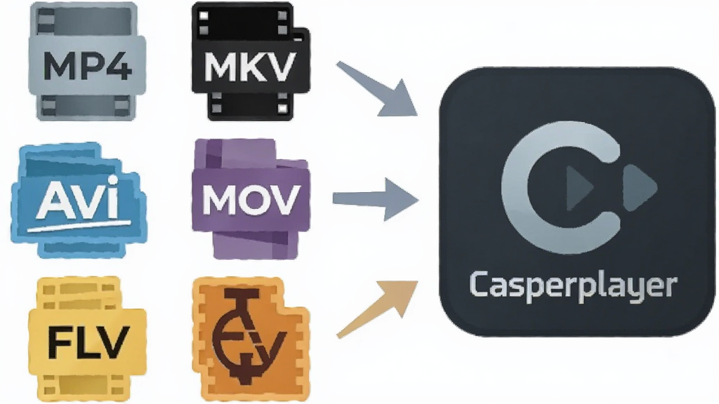 һ��չʾCasperplayer���ʽ����������ʾ��ͼ���������������MP4��MKV��AVI��MOV��FLV�ȸ�ʽͼ�꣬�Ҳ���Casperplayer����ͼ�꣬�м��ü�ͷ���ӱ�ʾ��ʽ������ͳһ֧�֣��������ƽ����ɫ����ͣ������ɾ�����������