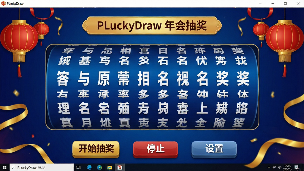 һ�ſ������������ͼ������������PLuckyDraw�����齱�������������棬�����������ɫ���䱳���������н�ɫ������д�š�PLuckyDraw ���齱�����м��Ǿ޴�Ĺ����������������԰�ɫ������ʾ���ײ��С���ʼ�齱����ֹͣ�������á��������尴ť���������ܵ�׺��ɫ�����ͽ�ɫ�ʴ�Ԫ�أ�������ϲ������������������ɾ��޶���Ԫ�ء�
