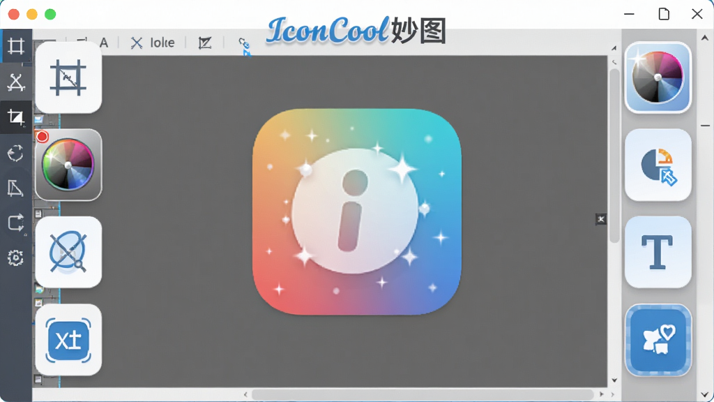 һ��IconCool��ͼ����ͼ��༭����ĸ���ͼ������չʾ�༭������һ�����ڱ�������ͼ�꣬���ܻ����Ųü�����ɫ���������֡�Բ��ģ��ȹ��߰�ťͼ�꣬�������ִ���࣬��ɫ�����׻�Ϊ��������ɾ����룬���廭�ʣ�ͼƬ�����ֱ�עΪ