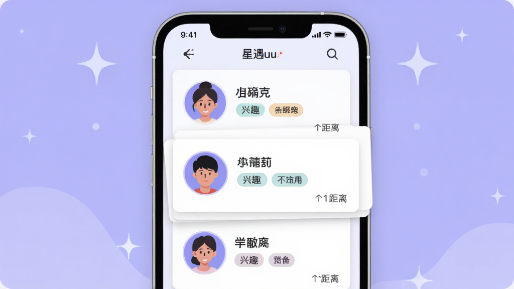 ����uu����ƥ�书��չʾͼ���������ֻ���Ļ��ʾ�û���Ƭ�б���ÿ�ſ�Ƭ����ͷ���ǳơ���Ȥ��ǩ�;�����Ϣ����Ƭ�Բ����ʽ���У�����Ϊ����ɫ����׺�ǹ���˸Ч�������Ϊ�ִ���ƽ�廭��ϸ�����������ʸɾ����޶���Ԫ�ء�