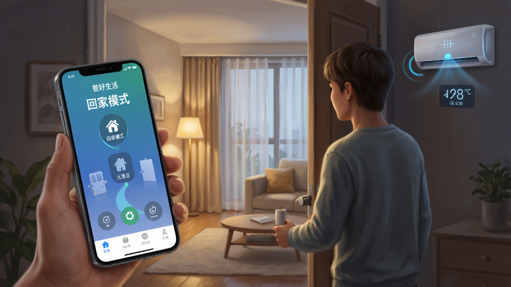 ����չʾһ����ܰ�Ŀ���������һλ�����˸��ƿ����ţ��ֻ���Ļ��ʾ���Ǻ����APP����ִ�С��ؼ�ģʽ���������еƹ��Զ����𡢴��������رա��յ���ʾ�����¶ȣ����ֲ��öԽ��߹�ͼͻ���ֻ���Ļ��Ҿӻ����Ļ��������Ϊдʵ���ֻ滭��ϸ����ǿ�����ߵĽ������豸ͼ��Ķ�̬�У�����ϸ�壬�ɾ�������