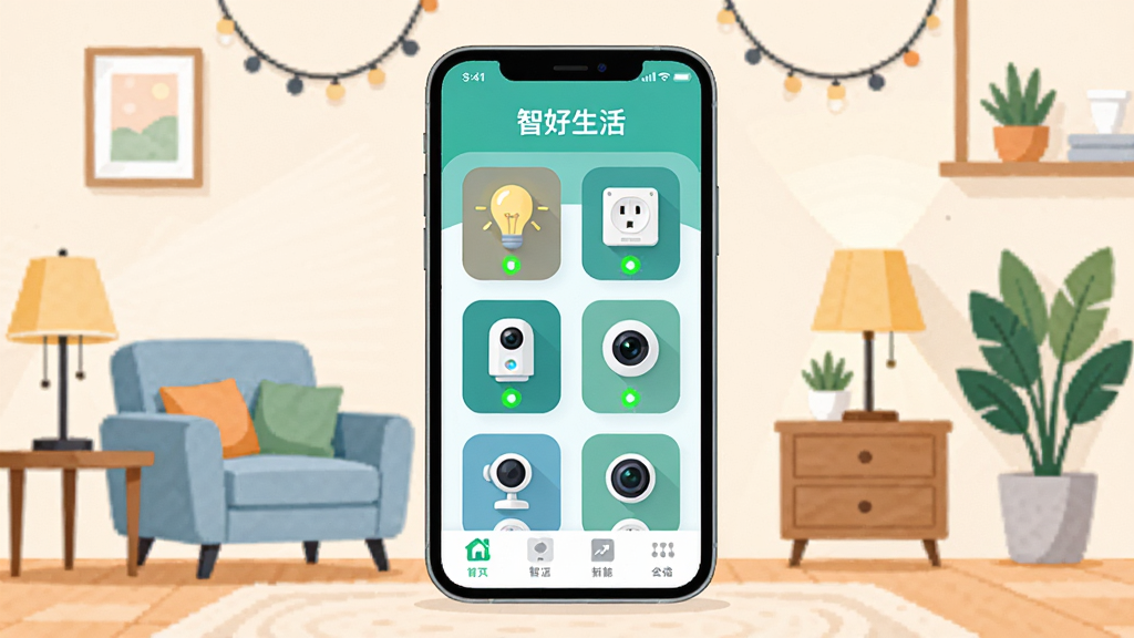 ����������һ�������ֻ�����Ļ����ʾ�š��Ǻ����APP�������棬�������ж�������豸ͼ����ƹ⡢����������ͷ�������У��ֻ���Χ��������ܰ�ļҾӻ���Ԫ�أ���ɳ����̨�ơ���ֲ�����岼�ֲ��öԳ�ʽ��ͼ�����Ϊ�ִ���ƽ���廭��ϸ����ͻ���豸����״̬����ɫ��㣬���������������ɾ����࣬�޶���Ԫ��