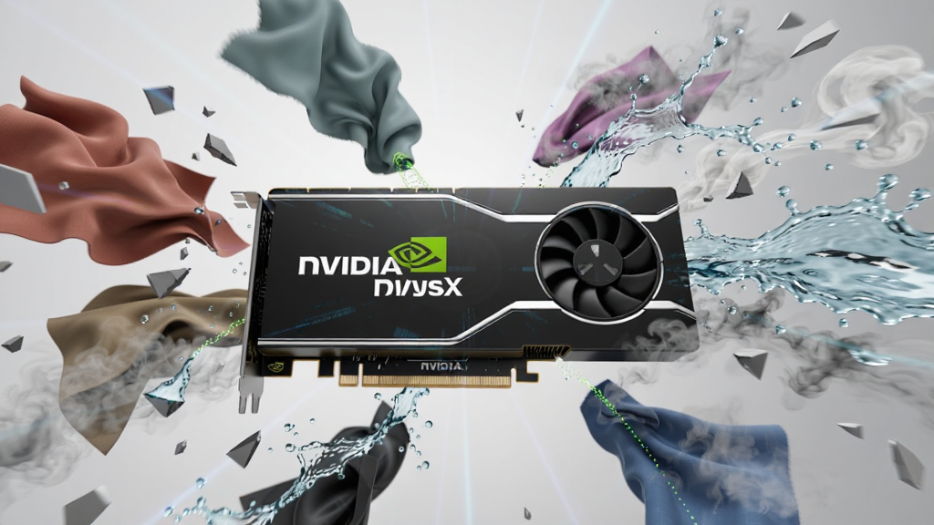 һ��չʾNVIDIA PhysX��������������Ĺ��ܵ�����ͼ�����������Ǵ�����ɫNVIDIA��־���Կ�����Χ������Ʈ���Ĳ��ϡ��ɽ�����Ƭ��������ˮ�������������������ֲ������ķ���״��ͼ�����Ϊ�Ƽ���3D��Ⱦ��ϸ�ڰ�������׷�ٷ�����������Ч������Ϊ4K�����壬�ɾ����࣬�޶���Ԫ��