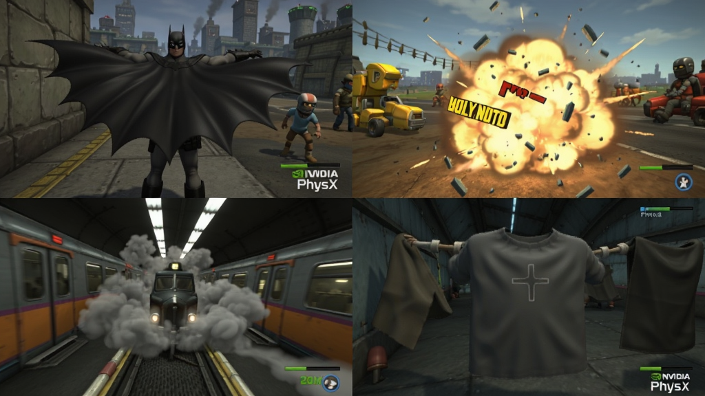 һ��չʾNVIDIA PhysX�ڶ����Ϸ��Ӧ�ó�����ƴ��ͼ�������Ϊ�ĸ�����ֱ�չʾ����������Ʈ��������֮�ر�ը��Ƭ������ϵ������Ч���Ͳ���ģ�⣬����Ϊ2x2�����Ű棬���Ϊ��Ϸ��ͼ�ϼ���ϸ�ڰ�������Ϸ��־��Ԫ�أ����ʸ��壬�ɾ����룬�޶���Ԫ��