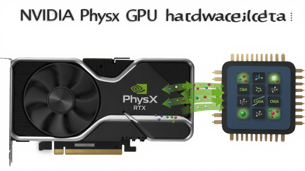 һ��չʾNVIDIA PhysX GPUӲ������ԭ����ʾ��ͼ��������һ��Ӣΰ��RTX�Կ���CPU���У��м�����ɫ��������ͷ���ӣ�����Ϊ���ҶԱ�ʽ�Ű棬���Ϊ��ƽ���Ƽ��廭��ϸ�ڰ���CUDA���ı�ʶ����������ͼ�꣬���ʸ��壬�ɾ���࣬�޶���Ԫ��