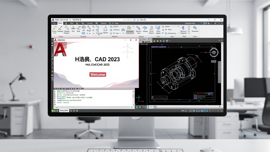 һ��չʾ�Ƴ�CAD 2023���������������ͼ��������ȫ��ͼ������Ϊ�ִ����ĵ�����Ļ����Ļ������ʾ�Ƴ�CAD 2023�Ļ�ӭ����;���CAD��ͼ���棬��������������ռ�ݻ������壬����Ϊ���İ칫�һ��������Ϊдʵ�Ƽ��磬ϸ�ڰ���������ͼ�ꡢ�����д��ں��Ѵ򿪵Ļ�е���ͼֽ�����������������ɾ����࣬�޶���Ԫ��