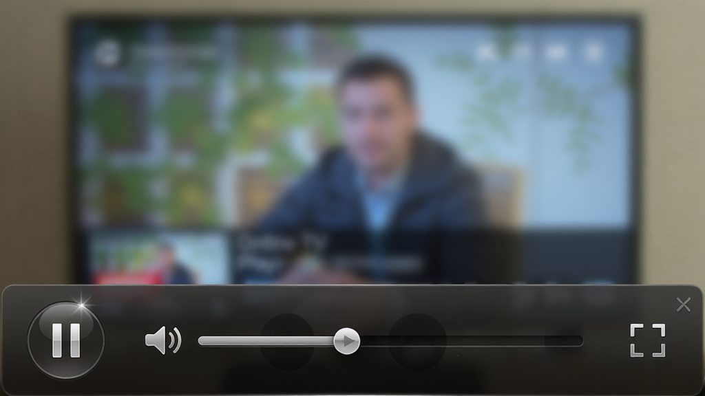 һ��չʾ Online TV Player ���ſ�������д�����ͼƬ������Ϊ�������ײ�������������������ͣ��ť���������顢ȫ��ͼ��ͽ���ָʾ������Ϊˮƽ���У����Ϊ��ɫ��͸���ʸУ�ϸ���ϰ�ť����΢���߹⣬����Ϊ���ڲ��ŵĵ��ӻ����黯�����ʸ��壬�ɾ����޶���Ԫ��