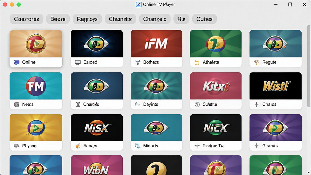 һ��չʾ Online TV Player Ƶ���б������ͼƬ������Ϊ������������������ĵ���Ƶ����Ƭ��ÿ�ſ�Ƭ����Ƶ��ͼ������ƣ������ǩλ�ڶ���������Ϊ�����б��Ӻ�������������Ϊ��ˬǳɫϵ��ϸ����Ƶ��ͼ��ɫ�ʷḻ������Ϊ����ɫ�����ʸ��壬�ɾ����޶���Ԫ��