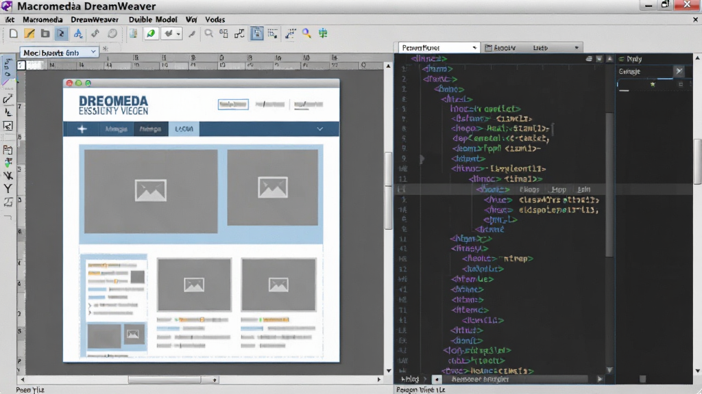 һ��չʾ Macromedia Dreamweaver ˫ģʽ�༭�����ͼƬ���������������ڱ���Ϊ�����������������ʾ���ӻ������ͼ�е���ҳ���֣��ұ���ʾ��Ӧ��HTML���룬�������ҶԳƣ��Ű湤�������Ϊ�ִ���������չʾ���ϸ�ڰ�����������������ͼ�е�ͼƬռλ�򣬻��������ɾ��޶���Ԫ��