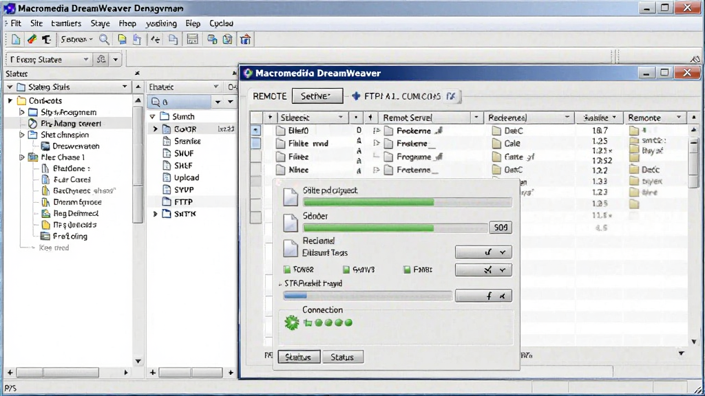 һ��չʾ Macromedia Dreamweaver վ�������FTP�ϴ����ܵ�ͼƬ�������������е�վ������FTP�������ô��ڣ�����Ϊ���վ���ļ��б����Ҳ�Զ�̷������ļ��б����Ű����������Ϊ��������չʾ���ϸ�ڰ����ļ����������������״̬ͼ�꣬���������ɾ��޶���Ԫ��