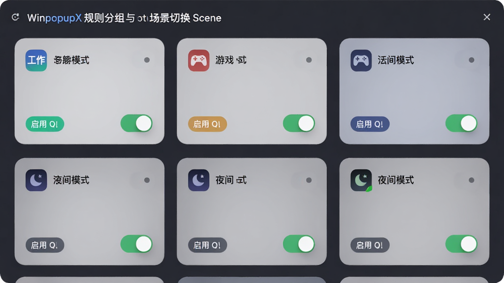 WinpopupX规则分组与场景切换界面,主体为软件设置面板中的场景卡片区域,布局为三列网格排列的场景卡片,每张卡片包含场景名称与开关状态,排版整齐,风格为柔和圆角卡片风,细节包含工作、游戏、夜间三种模式图标、彩色标签与启用状态指示,画质细腻,画面干净,无多余元素