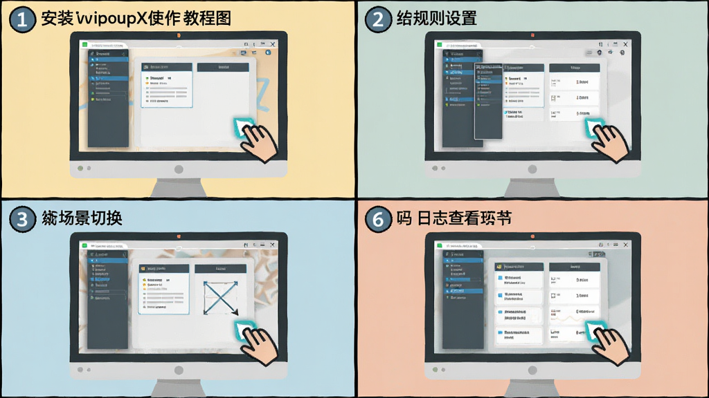 WinpopupX使用教程示意图,主体为电脑屏幕显示软件操作步骤分解图,布局为四格漫画式排列,分别展示安装、规则设置、场景切换、日志查看四个环节,排版清晰,风格为扁平插画风,细节包含鼠标点击高亮、界面缩略图、步骤编号,画质干净,无多余元素