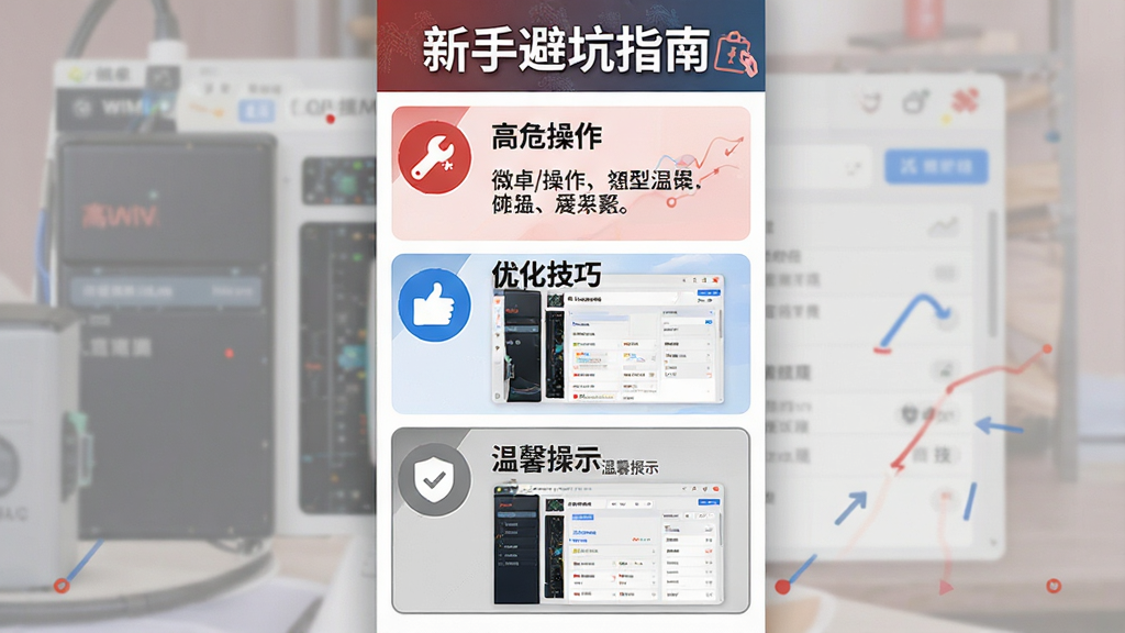 一张展示“微卓WIM设备管理系统”新手操作指引的图片,画面是一块竖版信息图,顶部标题为“新手避坑指南”,下方分为三个区域,分别用红色、蓝色和灰色图标标注高危操作、优化技巧和温馨提示。每个区域配有简短的文字说明和对应的软件界面截图缩略图。风格为信息图表设计,色调以红蓝灰为主,布局清晰。画质干净,无多余元素。