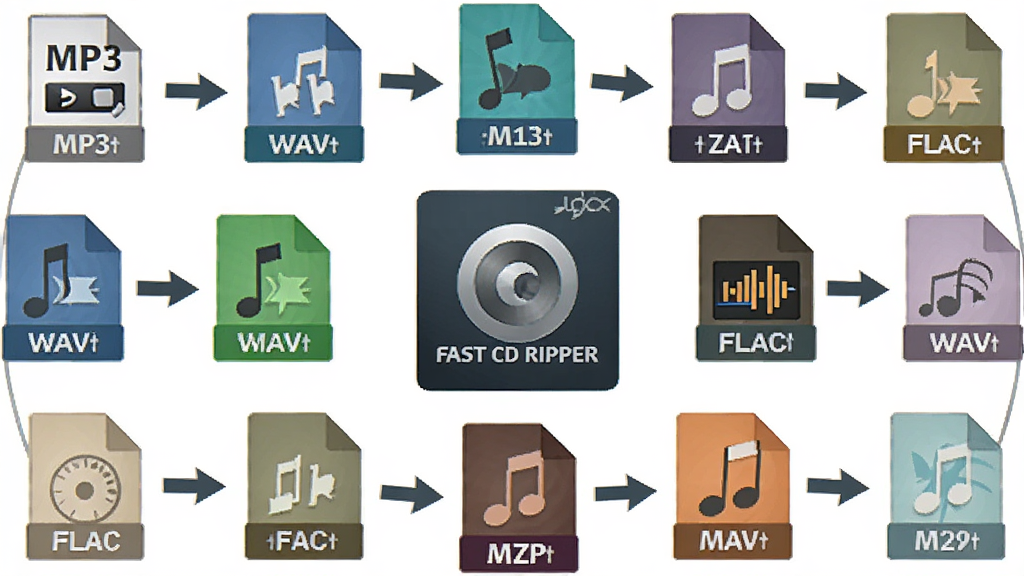 Fast CD Ripper ���ʽ�������ʾ��ͼ������Ϊ�����Ƶ��ʽͼ��Χ������������־�����ֳʻ������У��Ű�����Գƣ����Ϊ��ƽ����ƣ�ϸ�ڰ��� MP3��WAV��FLAC �ȸ�ʽ��ǩ��ת����ͷ�����ʸ��壬�ɾ����޶���Ԫ��