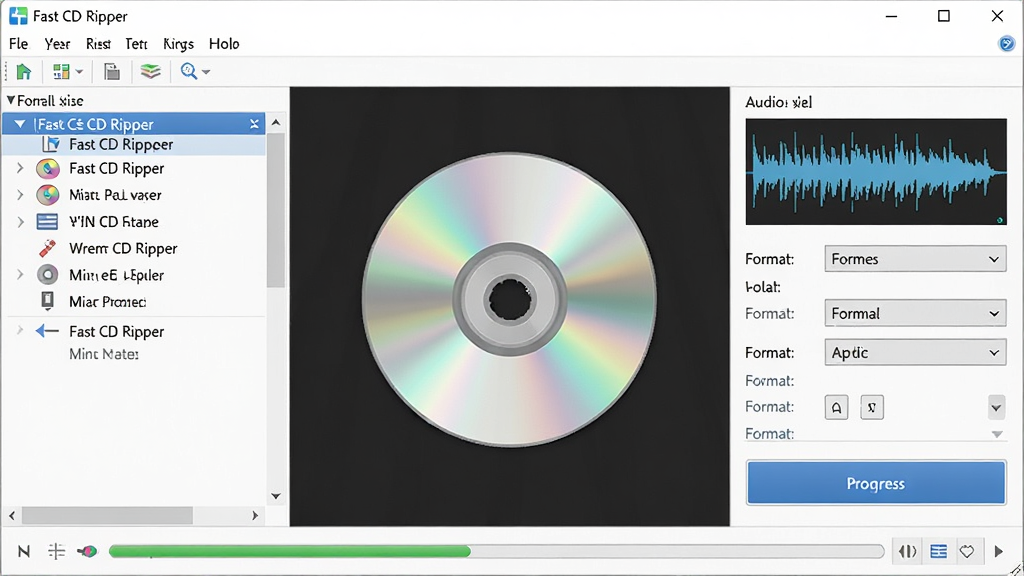 Fast CD Ripper ��������ȫ��չʾ������Ϊ���������ڣ����ְ��������˵���������������б����Ҳ���Ƶ�������������ײ����������Ű��������������Ϊ�ִ���Լ�Ƽ��磬ϸ�ڰ��� CD ����ͼ�ꡢ��Ƶ����Ԥ������ʽ�����˵���ת����ť�����ʸ��壬�ɾ����޶���Ԫ��