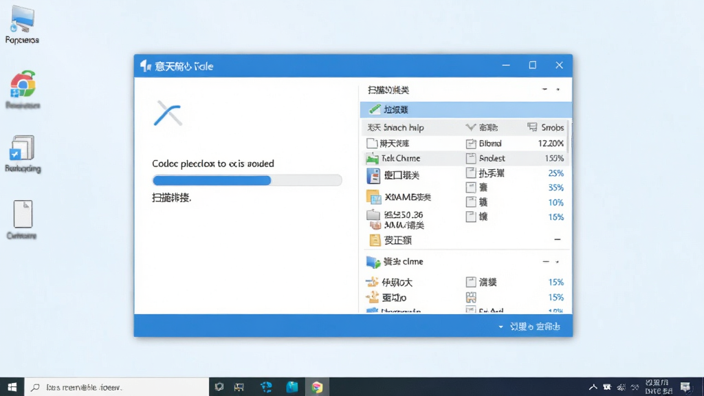 一张电脑桌面屏幕截图,画面中央是意天垃圾文件清理软件的主界面,界面左侧显示扫描进度条,右侧列出垃圾文件分类列表,整体布局简洁清晰,采用蓝白配色风格,屏幕周围有干净的桌面背景,画质清晰,无多余元素