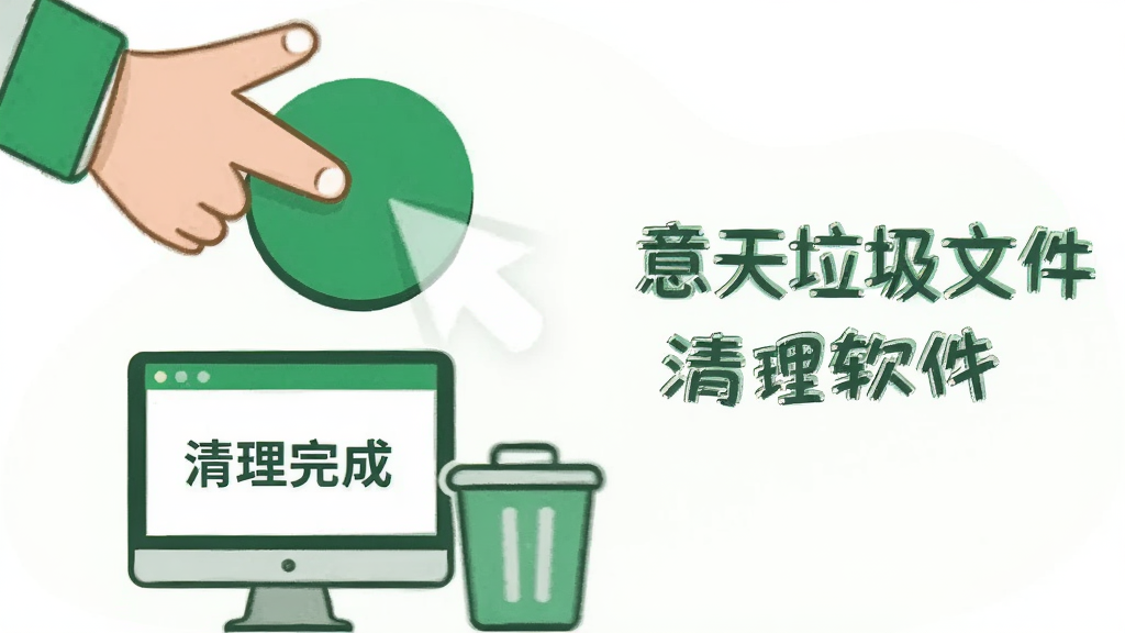一幅扁平化风格插画,画面展示一只卡通手点击一个圆形按钮,按钮下方是电脑屏幕和垃圾桶图标,屏幕中显示