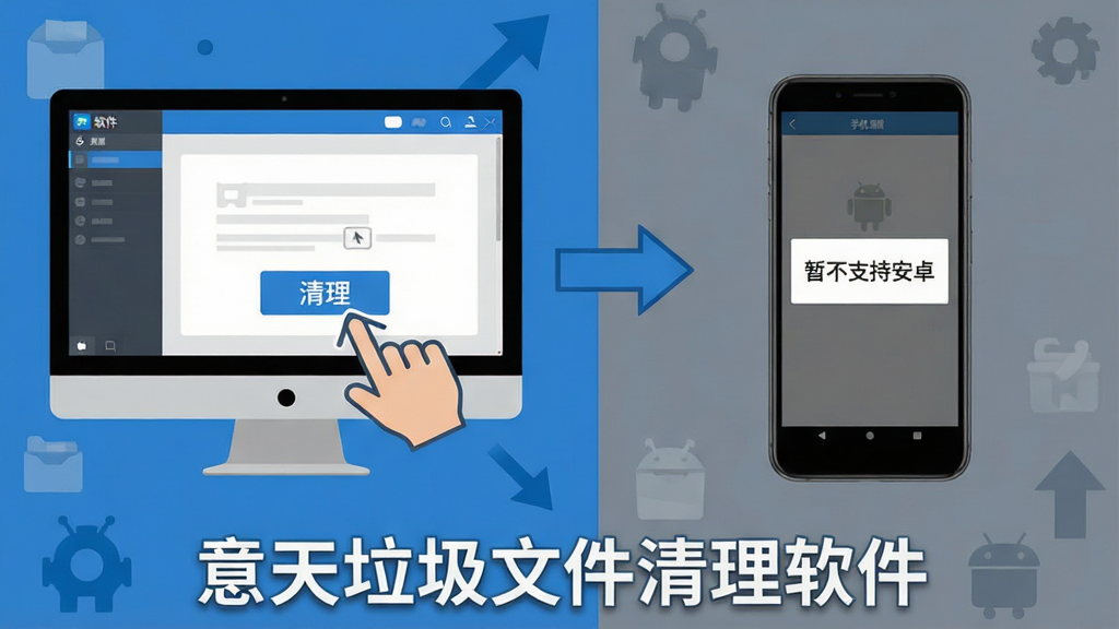 一幅操作流程图解,画面分为左右两部分,左侧展示电脑端软件界面点击清理按钮,右侧展示手机端界面显示