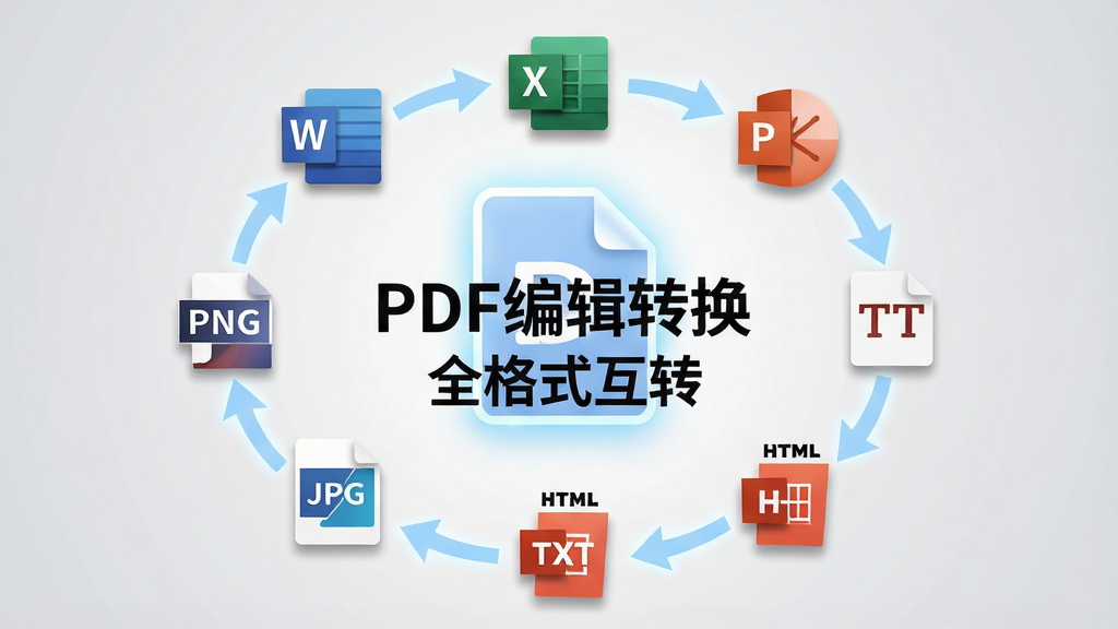 һ��չʾPDF�༭ת������ȫ��ʽ��ת���ܵĳ���ͼ������������һ�������PDF�ļ�ͼ�꣬��Χ������Word��Excel��PPT��TXT��HTML��JPG��PNG�ȸ�ʽͼ�꣬ͼ��֮���õ���ɫ��ͷ���������γ�ѭ��ת�����Ӿ�Ч�������ֳʷ���״���У����Ϊ�ִ���ƽ����ƣ�ϸ����ÿ��ͼ�궼����΢����к������Ӱ�����汳��Ϊǳ��ɫ���䣬�����������ֱ�ע��PDF�༭ת�����͡�ȫ��ʽ��ת��������Ϊ����4K������ɾ���࣬�޶���Ԫ�ء�
