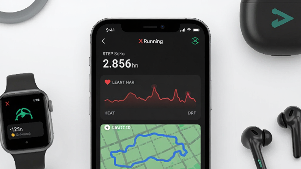 һ��չʾXRunningӦ�ý�����ֻ�����ͼ������������һ�������ֻ�����Ļ����ʾ��XRunningӦ�õ��˶������Ǳ��̣������������������ߺ��˶��켣��ͼ�������Ǽ���ǳ��ɫ���䣬��Χ�����������ֱ������߶���������������������ִ��Ƽ��У�ϸ�����������ʸɾ��������޶���Ԫ��
