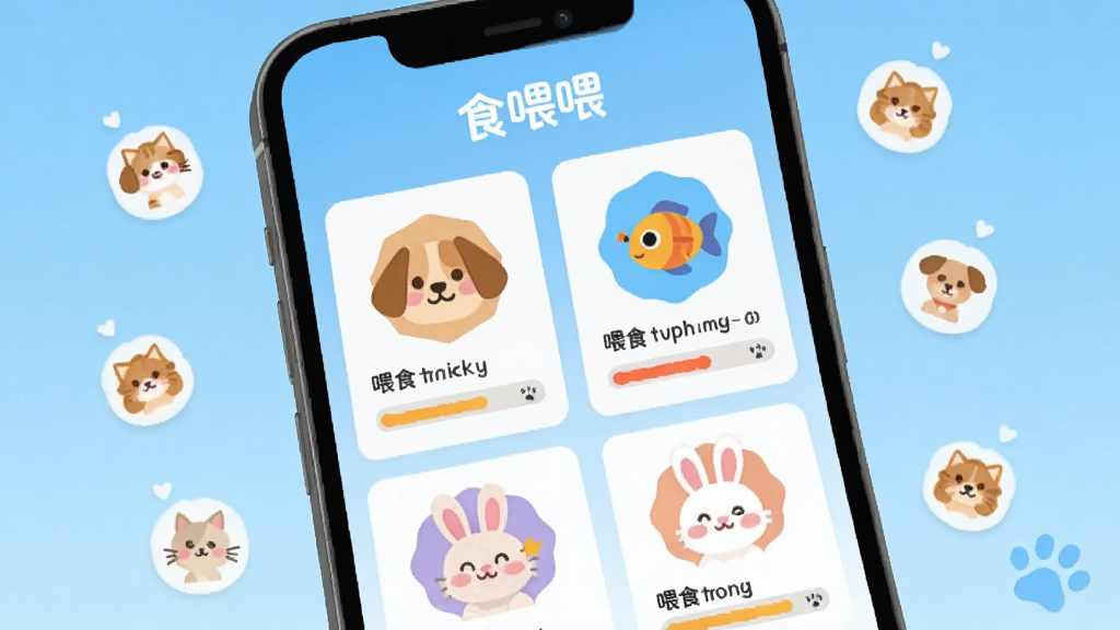 ʳιι�����������棬�ֻ���Ļչʾ�������ͷ��Ƭ������è�������㡢���ӣ���Ƭ����ʾιʳ��������������ǳ��ɫ���䣬��Χ��Ư���ĳ���Сͼ�꣬���ɰ���ƽ����Ļ���С�ʳιι�����֣����ʸɾ���������Ԫ��
