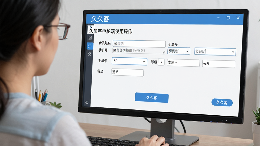 一张展示久久客电脑端使用操作的图片,画面中用户正在久久客软件内进行会员信息录入,界面显示会员姓名、手机号、等级等字段填写状态,整体布局清晰,风格简洁实用,细节体现“久久客”软件名称与操作按钮,画质清晰,干净,无多余元素