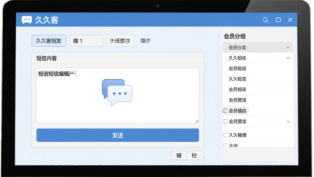 一张表现久久客短信营销功能的图片,画面中电脑屏幕显示久久客短信编辑与群发界面,右侧有会员分组列表,左侧为短信内容输入框与发送按钮,整体排版整洁,风格现代商务,细节体现“久久客”软件名称与短信图标,画质清晰,干净,无多余元素