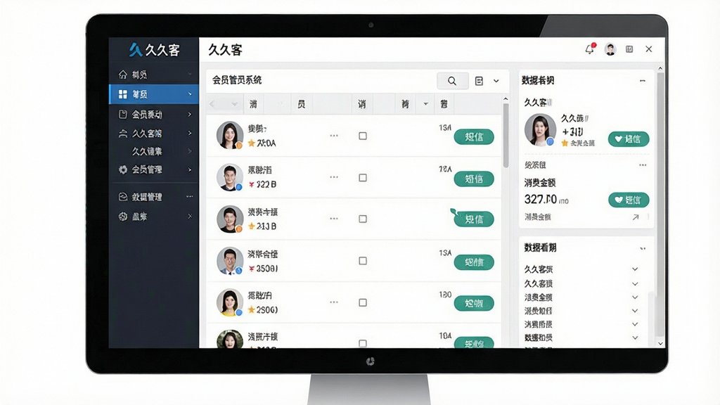 一张展示久久客软件电脑端主界面的图片,画面中央是久久客会员管理系统操作界面,左侧为功能导航栏,右侧为会员列表与数据看板,整体布局清晰规整,风格简洁商务,细节上体现会员头像、消费金额、短信按钮等元素,界面中显示“久久客”文字标识,画质清晰,干净,无多余元素