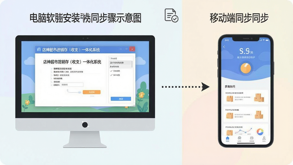 一张展示电脑软件安装步骤的示意图,画面分为左右两部分,左侧是电脑屏幕显示“店神超市进销存(收支)一体化系统”的安装向导界面,右侧是手机屏幕显示移动端的数据同步界面,中间用虚线箭头连接表示多端协同。整体风格为扁平化信息图风格,色彩柔和,画质清晰,画面干净无多余文字。