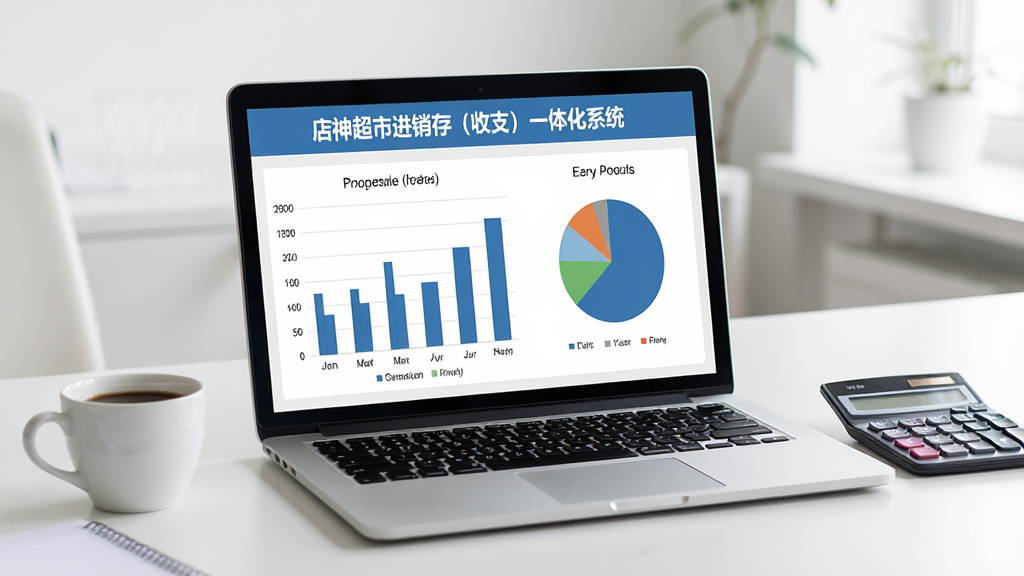 一张展示财务收支报表的办公场景图,画面主体是一台笔记本电脑,屏幕上显示“店神超市进销存(收支)一体化系统”的利润统计图表,包括柱状图和饼图。电脑旁边放着一杯咖啡和一个计算器,桌面整洁。整体风格为清新商务风,光线柔和,画质清晰,画面干净无多余文字。