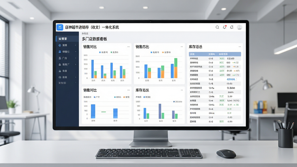 一张展示多门店数据汇总的管理后台界面图,画面中央是一块大屏幕,屏幕上显示“店神超市进销存(收支)一体化系统”的多门店数据看板,包含多个门店的销售对比柱状图和库存汇总表格。屏幕前方有一张办公桌,桌上放着键盘和鼠标。整体风格为现代科技商务风,画面简洁干净,画质高清。