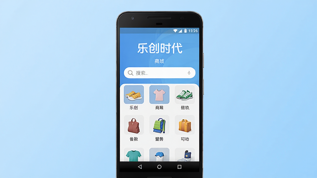 ��������չʾһ����׿�ֻ����ֻ���Ļ��ʾ���ִ�ʱ����APP���̳���ҳ���棬����������Ʒ����ͼ���������������Ϊǳ��ɫ���䣬������ִ���ϸ�����������ʸɾ����޶���Ԫ�أ����岼��ͻ���ֻ��������������ơ��ִ�ʱ��������