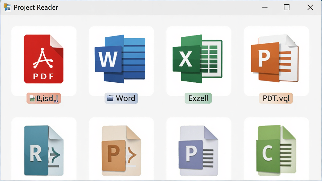 Project Reader����������չʾ�����ļ���ʽͼ�꣬����Ϊ����������������PDF��Word��Excel��PPT���ļ�ͼ�꣬����Ϊ����״���У��Ű����룬���Ϊ��ƽ����ƣ�ϸ�ڰ���ÿ��ͼ���·����ļ����ƺ͸�ʽ��ǩ�����ʸ��壬�ɾ����޶���Ԫ��