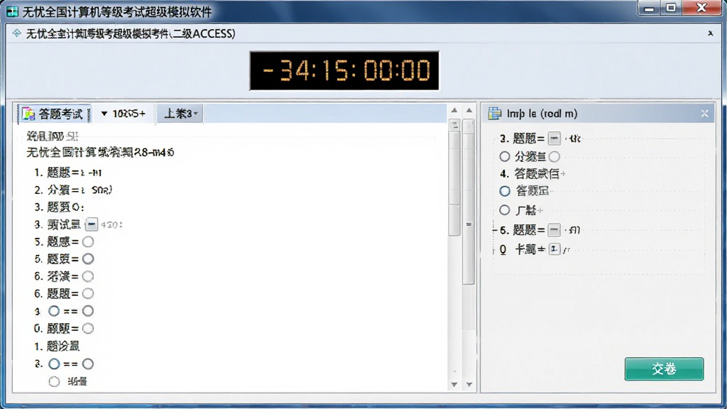 无忧全国计算机等级考试超级模拟软件(二级ACCESS)全真模拟考试界面,主体为考试倒计时与答题卡,布局为左侧题目区右侧答题卡,排版规整,风格为严肃考试系统写实风,细节包含计时器、题目编号、选项按钮、交卷按钮,画质清晰,干净,无多余元素