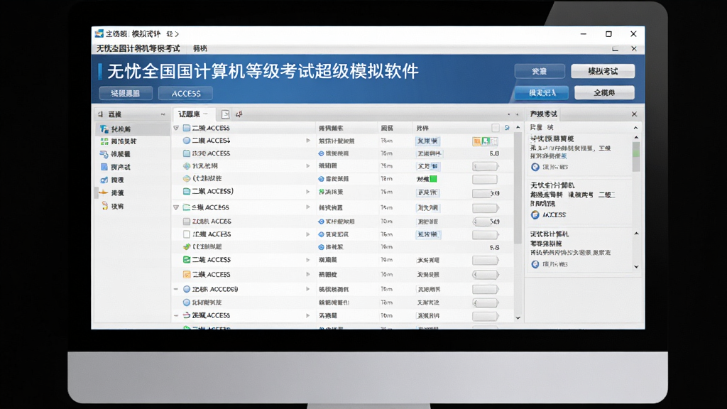 一张展示无忧全国计算机等级考试超级模拟软件(二级ACCESS)主界面的图片,主体为电脑屏幕显示软件题库列表与模拟考试入口,布局为居中大窗口,排版清晰分区,风格为现代软件界面写实风,细节包含菜单栏、功能按钮、题目预览区域,画质高清,干净,无多余元素