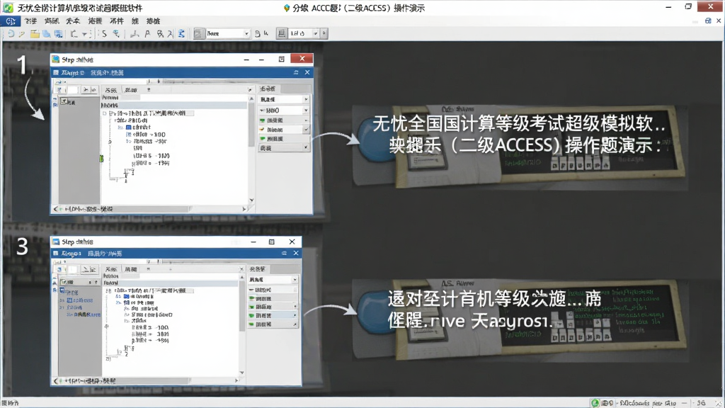 无忧全国计算机等级考试超级模拟软件(二级ACCESS)操作题演示界面,主体为分步操作截图与文字说明,布局为上下结构,排版清晰,风格为教学演示写实风,细节包含ACCESS界面截图、步骤序号、提示文字,画质高清,干净,无多余元素