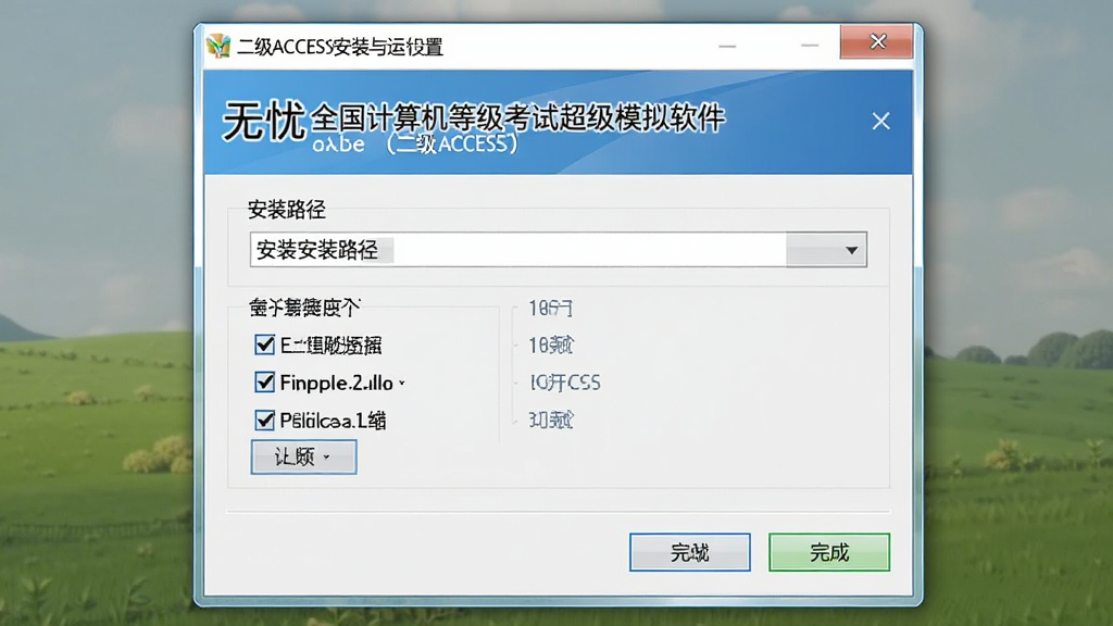 无忧全国计算机等级考试超级模拟软件(二级ACCESS)安装与运行设置界面,主体为安装向导与兼容性选项,布局为居中对话框,排版简洁,风格为软件安装写实风,细节包含安装路径选择、组件勾选、完成按钮,画质清晰,干净,无多余元素