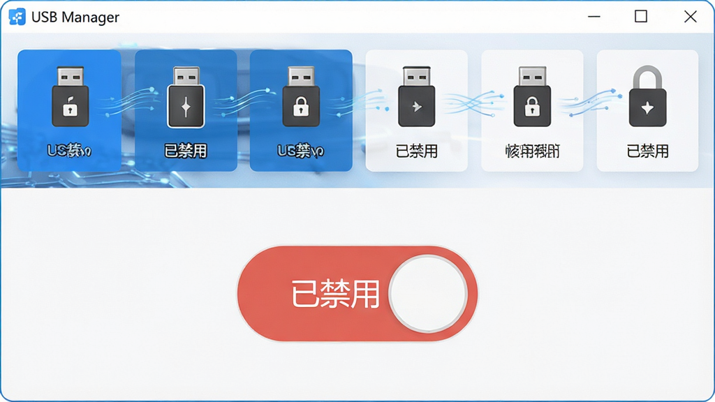 һ�Ź���չʾͼ������ΪUSB Manager�����������棬����Ϊ���½ṹ���Ϸ���ʾUSB�豸ͼ�������ƣ��·�Ϊ�������ý����л���ť���Ű����������Ƽ���Լ��ϸ�ڰ�������ͼ�ꡢ��������������״̬��ʾ���֡��ѽ��á������ʸɾ����޶���Ԫ��