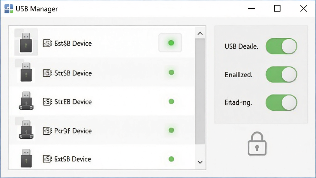 һ�Ÿɾ�����������Ԥ��ͼ������ΪUSB Manager���������ڣ����־��У������ʾUSB�豸�б����Ҳ�Ϊ���ý��ÿ��ذ�ť���Ű����룬����Լ����ϸ�ڰ���U��ͼ�ꡢ״ָ̬ʾ�ơ�Ȩ��������ʶ�������������޶���Ԫ�أ����ֱ�ע��USB Manager��
