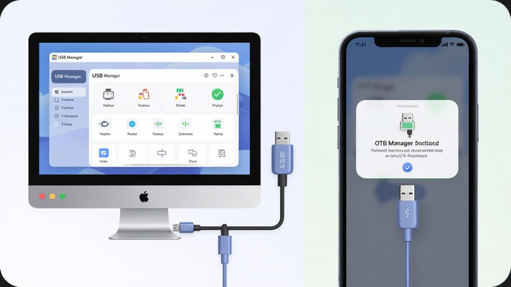 һ�ŵ������ֻ�����U�̵ĳ���ͼ������ΪUSB Manager�����ڵ��Զ˺��ƶ���ͬʱչʾ���������ҷ��������Ϊ������Ļ��ʾ�������棬�Ҳ�Ϊ�ֻ���Ļ��ʾOTG������ʾ���Ű�Գƣ�������Բ�ǣ�ϸ�ڰ���U��ʵ������ߡ�״̬ͼ�꣬���ʸɾ����޶���Ԫ�أ������б�ע��USB Manager��