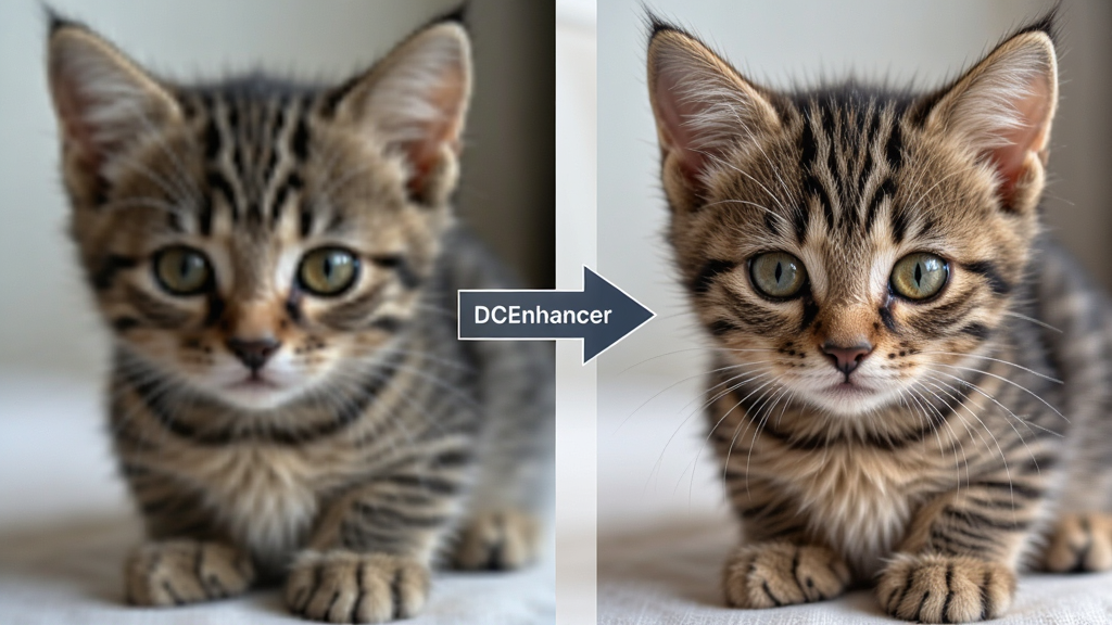 һ��չʾDCEnhancer��������Ŵ��ܵ�ͼƬ������ΪһֻСè�ĵͷֱ�����Ƭ����DCEnhancer�������ɸ�����Ƭ�ĶԱ�Ч�������Ϊģ���ĵ���ͼ���Ҳ�Ϊ�����ĸ���ͼ���м��м�ͷ��ע��DCEnhancer���������̣�����Ϊ���ҶԱ��Ű棬���Ϊдʵ��Ӱ���ϸ�ڰ���ë�������������ȶԱȡ��۾�ϸ�ڵĻ�ԭЧ�������ʸ��壬����ɾ����޶���Ԫ��