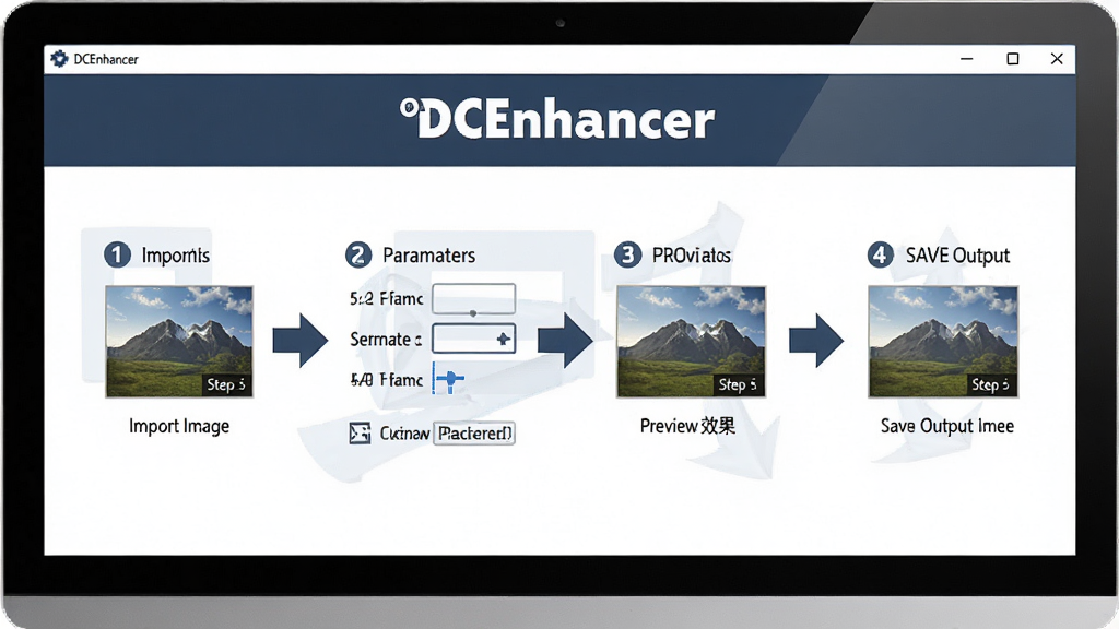 һ��չʾDCEnhancer���������ʾ��ͼ������Ϊ������Ļ��DCEnhancer�����Ĳ�������ͼ����������ͼƬ�����ò�����Ԥ��Ч������������ĸ����裬����Ϊ��������ͼ�Ű棬���Ϊ�����Ϣͼ���ϸ�ڰ�����DCEnhancer���������ơ������š���ͷָ�������ʸ��壬����ɾ����޶���Ԫ��