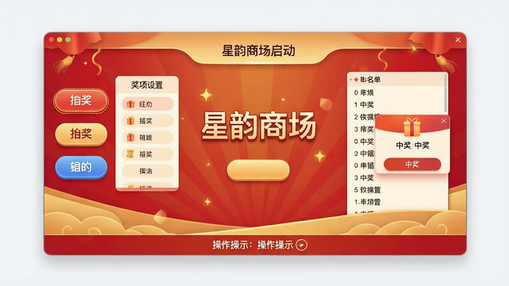 ����������չʾ��������ʾ�����̳��齱�������棬����Ϊϲ��ĺ�ɫ���ɫ���䣬����������г齱��ť�뽱��������壬�Ҳ�չʾ�����������н��������ײ��в�����ʾ���������������죬���ֶԳƾ��⣬���ñ�ƽ����Ʒ��ϸ�ڰ���Բ�ǰ�ť�������Ӱ����������������ɾ����޶���Ԫ��
