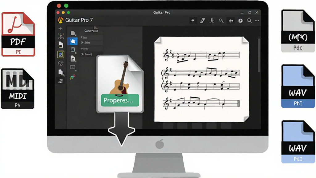 һ��չʾ Guitar Pro 7 ���������ļ��Ĳ廭�����������ǵ�����Ļ�ϵ��ļ���ק������һ���������ļ�ͼ�����������������ڣ���������ʾ����Ԥ������Ļ�Ա��� PDF��MIDI��WAV �ȸ�ʽͼ�꣬����Ϊ��̬�Խ��߹�ͼ�����Ϊ���ʸ���廭��ϸ����Ҫ�����ļ���ʽ��ʶ�͵��������ʾ�������������ɾ����޶���Ԫ�ء�