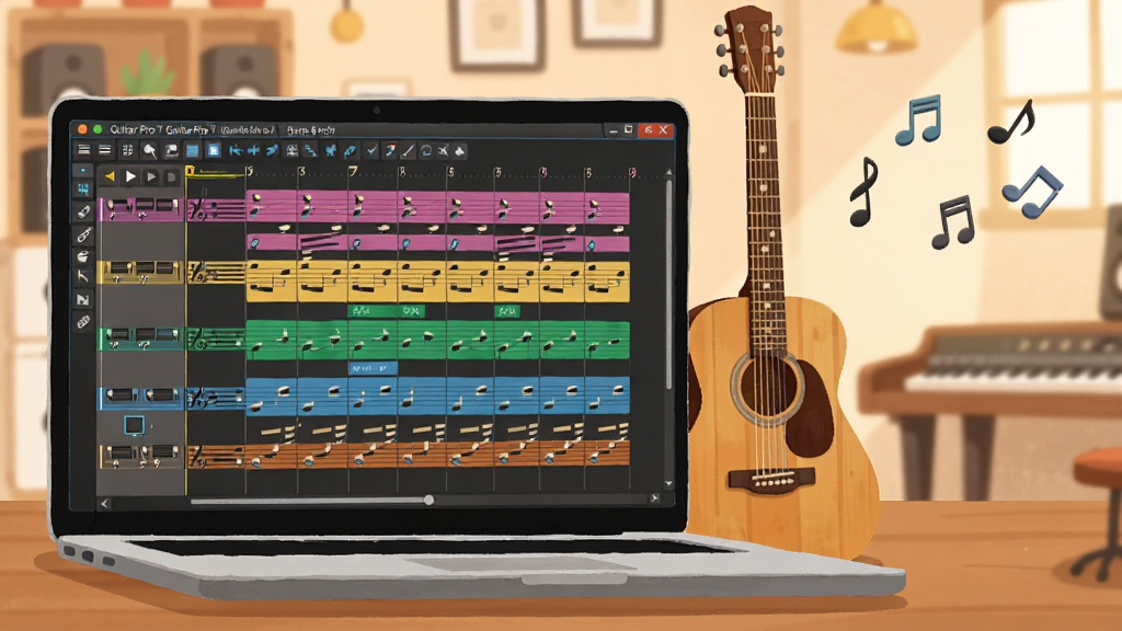 һ��չʾ Guitar Pro 7 ������������ֲ廭������������һ̨�򿪵ıʼǱ����ԣ���Ļ����������ʾ�� Guitar Pro 7 �������ױ༭���ڣ��������ж�����ɫ����������飬�ʼǱ��Ա߷���һ��ľ��������������ܰ�ļ�ͥ���ֹ����ң����ֲ������ַ���ͼ������ƫ���Ҳ����״�Ư���ż�������ͼ�꣬������Ϊ�ִ���ƽ���廭��ɫ����ůľɫ�ͿƼ���Ϊ����ϸ����Ҫ���ֳ����������������Ű�ť�����׹������������������ɾ����޶���Ԫ�ء�