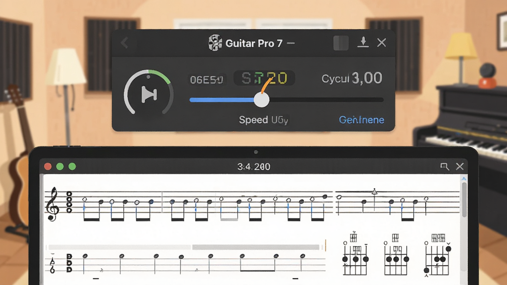 һ��չʾ Guitar Pro 7 ��ϰģʽ�Ĳ廭���������������������е�ѭ������������壬������н�����ͼ�ꡢ�ٶȵ��ڻ����ѭ�������ǣ���Ļ�·���ʾ�����׺ͺ���ͼ����������ϰ�һ���������Ϊ����ƫ�£����Ϊ���±�ƽ�廭��ϸ����Ҫ�����ٶ���ֵ������ָ���ָ��ʾ��ͼ�������������ɾ����޶���Ԫ�ء�