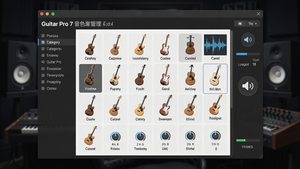 һ��չʾ Guitar Pro 7 ��ɫ���������Ĳ廭��������������������ɫѡ�񴰿ڣ������������Ÿ�������ͼ�����ɫ���ƣ�����з����ǩ���Ҳ���������ť����������ɫ��¼���ﻷ��������Ϊ���У����Ϊ�Ƽ��б�ƽ�廭��ϸ����Ҫ������ɫ����ͼ��Ч������ť�ͼ��ؽ������������������ɾ����޶���Ԫ�ء�