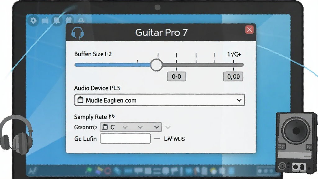 һ��չʾ Guitar Pro 7 ��Ƶ���ý���Ĳ廭�������������������ô��ڣ���������ʾ��������С���顢��Ƶ�豸ѡ��������Ͳ�����ѡ���Ļ�Ա��ж���������ͼ�꣬����Ϊ���У����Ϊ���Ƽ��廭��ϸ����Ҫ������ֵ�̶Ⱥ��豸���ƣ������������ɾ����޶���Ԫ�ء�